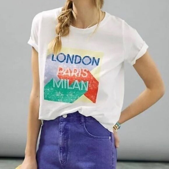 NWT! Anthropologie Maeve White Graphic Tee London-Paris-Milan, Size XS - Picture 1 of 8